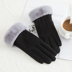 New Winter Female Lace Warm Cashmere Three Ribs Cute Bear Mittens Double thick Plush Wrist Women Touch Screen Driving Gloves 81C