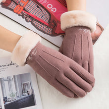 Load image into Gallery viewer, New Winter Female Lace Warm Cashmere Three Ribs Cute Bear Mittens Double thick Plush Wrist Women Touch Screen Driving Gloves 81C