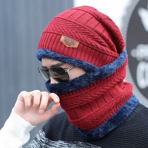 Coral Fleece Winter Beanies Hats Scarf For Mens Soft Warm Breathable Wool Knitted Winter Hat Letter Double Layers Cap