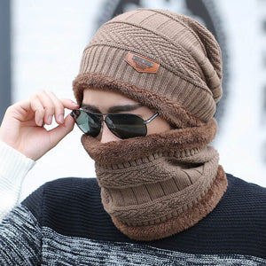 Coral Fleece Winter Beanies Hats Scarf For Mens Soft Warm Breathable Wool Knitted Winter Hat Letter Double Layers Cap