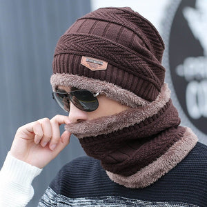 Coral Fleece Winter Beanies Hats Scarf For Mens Soft Warm Breathable Wool Knitted Winter Hat Letter Double Layers Cap