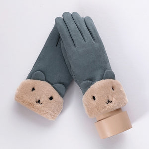 New Winter Female Lace Warm Cashmere Three Ribs Cute Bear Mittens Double thick Plush Wrist Women Touch Screen Driving Gloves 81C