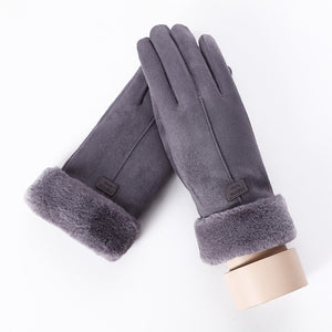 New Winter Female Lace Warm Cashmere Three Ribs Cute Bear Mittens Double thick Plush Wrist Women Touch Screen Driving Gloves 81C