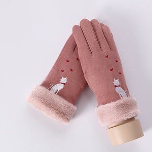 New Winter Female Lace Warm Cashmere Three Ribs Cute Bear Mittens Double thick Plush Wrist Women Touch Screen Driving Gloves 81C