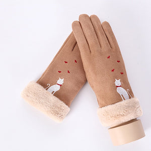 New Winter Female Lace Warm Cashmere Three Ribs Cute Bear Mittens Double thick Plush Wrist Women Touch Screen Driving Gloves 81C